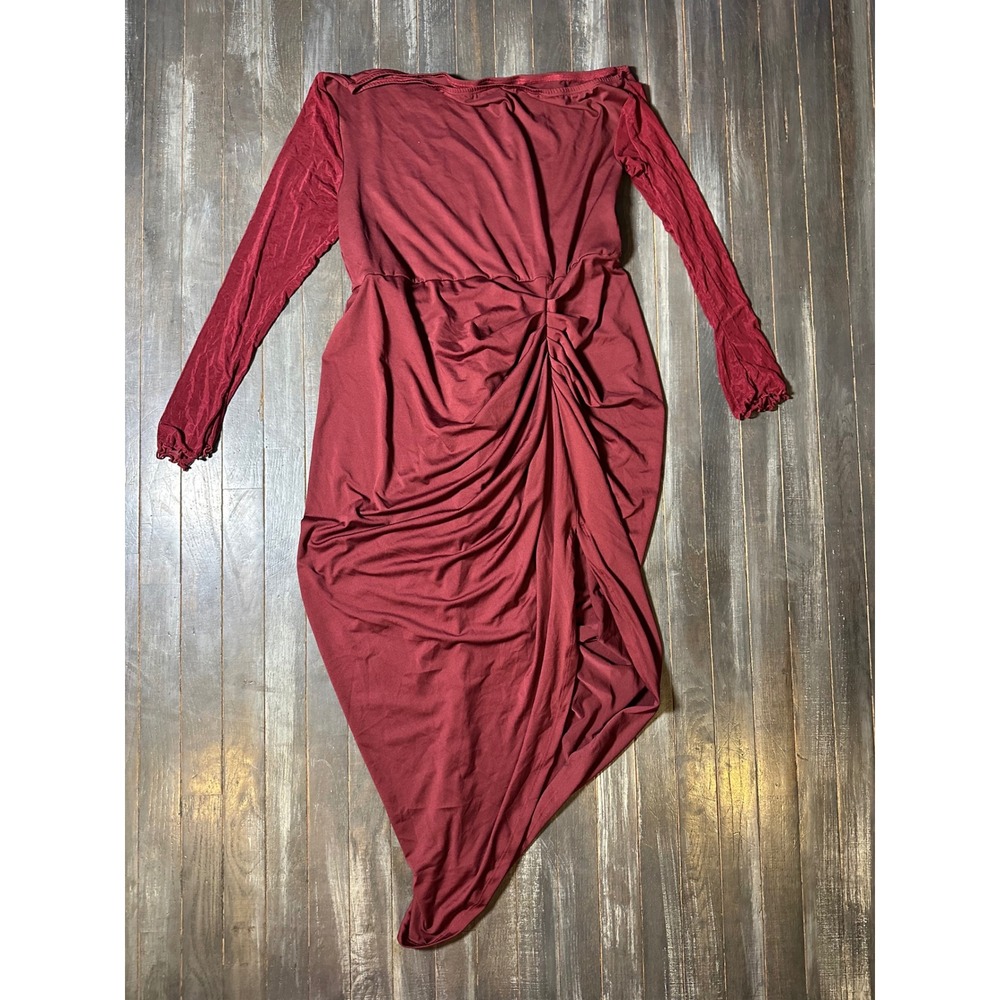 SHEIN Burgundy Off Shoulder Ruched Asymmetrical‎ Midi Dress Sheer Mesh Sleeve